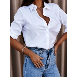 Solid Button Down Shirt, Casual Roll Up Sleeve Curved Hem Shirt, Women's Clothing