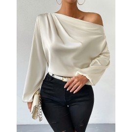 Solid One-shoulder Skew Neck Blouse, Elegant Long Sleeve Blouse For Spring & Fall, Women's Clothing