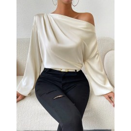 Solid One-shoulder Skew Neck Blouse, Elegant Long Sleeve Blouse For Spring & Fall, Women's Clothing