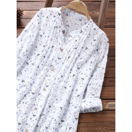 Floral Print Pleated V-neck Long Blouses, Casual Loose Button Down Long Sleeve Fashion Long Shirts Tops, Women's Clothing