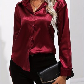 Solid Smoothly Shirt, Elegant Button Front Turn Down Collar Long Sleeve Shirt, Women's Clothing