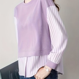 Contrast Striped Crew Neck Blouse, Elegant Long Sleeve Split Side Blouse For Spring & Fall, Women's Clothing