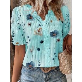 Floral Print V Neck Lace Trim Blouse, Boho Puff Sleeve Blouse For Summer, Women's Clothing