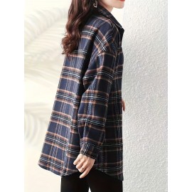 Plaid Print Button Front Shirt, Elegant Long Sleeve Lapel Shirt, Women's Clothing