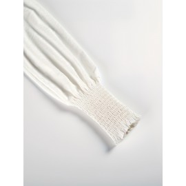 Lantern Sleeve Shirred Blouse, Casual Button Front Solid Blouse, Women's Clothing