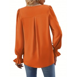 Solid V Neck Simple Blouse, Elegant Long Sleeve Ruched Blouse, Women's Clothing