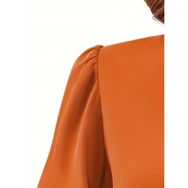 Solid V Neck Simple Blouse, Elegant Long Sleeve Ruched Blouse, Women's Clothing