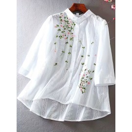 Eyelet Floral Blouse, Elegant Button Front Blouse For Spring & Summer, Women's Clothing