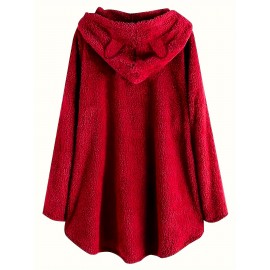 Dog Paw Heart Print Fuzzy Hoodie, Cute Cat Ear Button Winter Sweatshirt, Women's Clothing