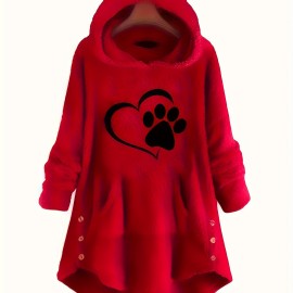 Dog Paw Heart Print Fuzzy Hoodie, Cute Cat Ear Button Winter Sweatshirt, Women's Clothing