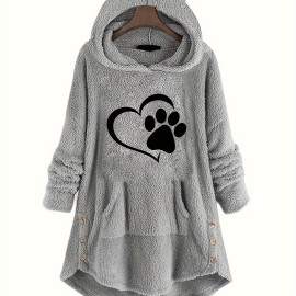 Dog Paw Heart Print Fuzzy Hoodie, Cute Cat Ear Button Winter Sweatshirt, Women's Clothing