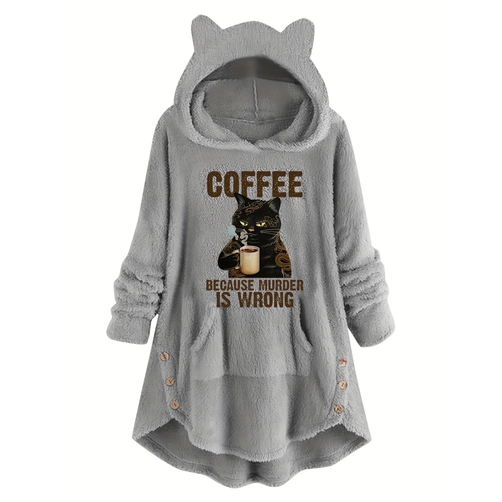 Graphic Print Fluffy Loose Cat Ears Hoodie, Casual Hooded Pocket Fashion Long Sleeve Sweatshirt, Women's Clothing