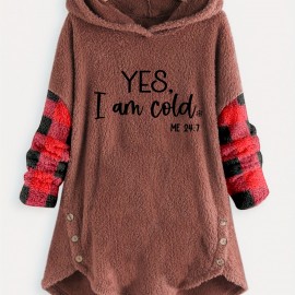 Letter Print Fleece Loose Hoodie, Casual Button Long Sleeve Warm Sweatshirt, Women's Clothing