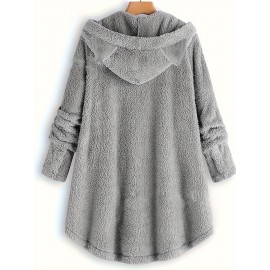 Cat & Slogan Print Teddy Hoodie, Casual Long Sleeve Button Decor Hoodie Sweatshirt, Women's Clothing