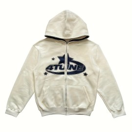 Y2K Letter & Star Print Sweatshirt, Long Sleeve Crew Neck Zip Up Hoodies Sweatshirts, Women's Clothing