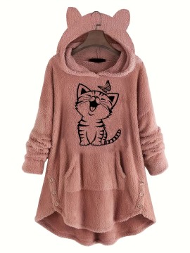 Cat & Butterfly Print Teddy Hoodie, Casual Long Sleeve Kangaroo Pocket Hoodie Sweatshirt, Women's Clothing