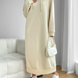 Solid Drawstring Hooded Dress, Casual Long Sleeve Loose Dress, Women's Clothing