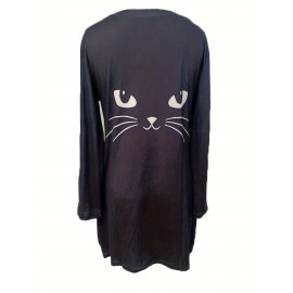 Cat Print Crew Neck Baggy Dress, Casual Long Sleeve Pocket Dress For Spring & Fall, Women's Clothing