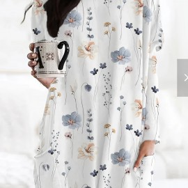 Cat Print Crew Neck Baggy Dress, Casual Long Sleeve Pocket Dress For Spring & Fall, Women's Clothing