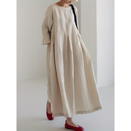 Solid Pleated Hem Maxi Dress, 3/4 Sleeve Loose Crew Neck Dress, Casual Dresses For Spring & Fall, Women's Clothing