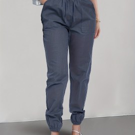 Solid Drawstring Patched Pockets Pants, Casual Sporty Pants For Spring & Summer, Women's Clothing