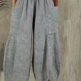 Solid Corduroy Patched Pockets Pants, Casual Loose Button Decor Pants For Spring & Fall, Women's Clothing