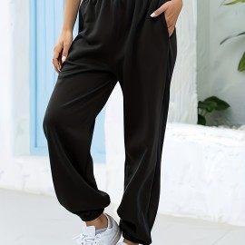 Women's Solid Elastic Sweatpants, Casual High Waist Sweatpants, Casual Every Day Pants, Women's Clothing
